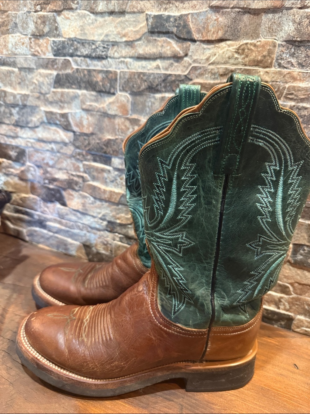 Lucchese Brown and Green Two-Tone Leather Western Boots